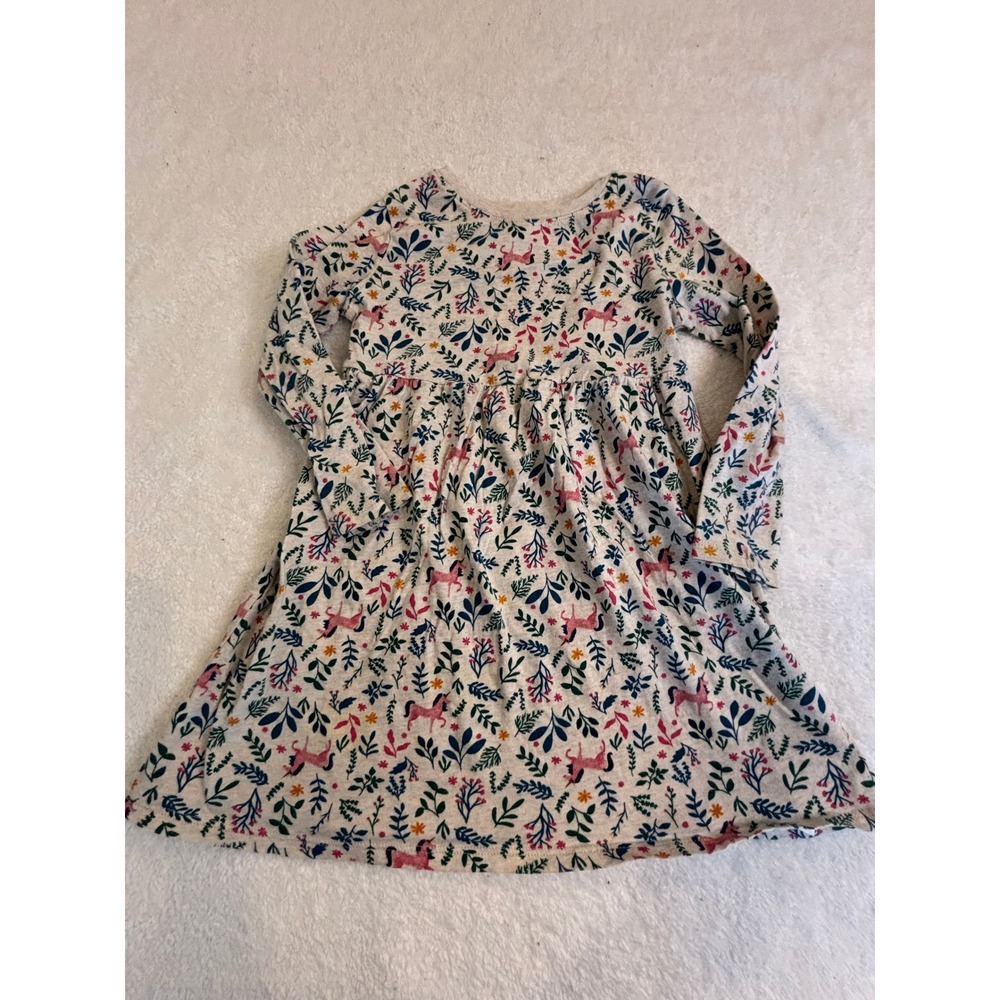 Old Navy Girls 4T Long Sleeve Unicorn Floral Dress Cream Jersey Knit Fit & Flare
